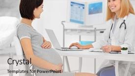  Presentation with doctor visiting family - PPT theme featuring gestation - pregnant woman visiting doctor background and a soft green colored foreground