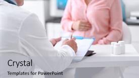  Presentation with doctor visiting family a new born - Audience pleasing theme consisting of gestation - young pregnant woman visiting doctor backdrop and a light gray colored foreground