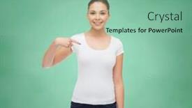  Presentation with school board - Presentation theme enhanced with gesture advertising education school and people concept - smiling young woman in blank white t-shirt pointing finger on herself over green board background background and a seafoam green colored foreground