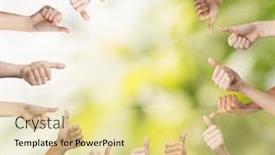  Presentation with human body parts - Presentation theme with gesture and body parts concept - human hands showing thumbs up in circle background and a blonde colored foreground