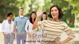  Presentation with young happy people smiling - Presentation design having gesture and people concept - happy smiling young woman in striped pullover waving hand over group of friends in summer park background background and a coral colored foreground