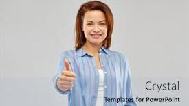  Presentation with young happy people smiling - Audience pleasing presentation consisting of gesture and people concept - happy smiling young woman in striped shirt showing thumbs up over grey background backdrop and a light blue colored foreground