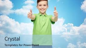  Presentation with green fashion - Audience pleasing presentation consisting of gesture childhood fashion and people concept - happy smiling boy in green polo t-shirt showing thumbs up over blue sky and clouds background backdrop and a light blue colored foreground