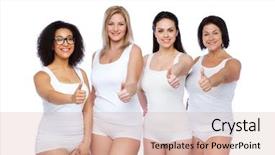 Presentation with women body - Slide deck enhanced with gesture friendship beauty body positive and people concept - group of happy different women in white underwear showing thumbs up background and a coral colored foreground
