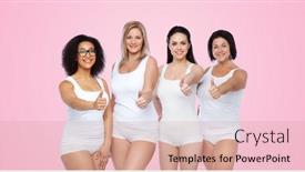  Presentation with women body - Theme enhanced with gesture friendship beauty body positive and people concept - group of happy different women in white underwear showing thumbs up over pink background background and a coral colored foreground