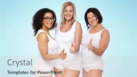  Presentation with women body - Amazing presentation design having gesture friendship beauty body positive and people concept - group of happy plus size women in white underwear showing thumbs up over blue background backdrop and a lemonade colored foreground