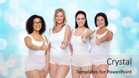  Presentation with women body - PPT layouts consisting of gesture friendship beauty body positive and people concept - group of happy different women in white underwear showing thumbs up over blue holidays lights background background and a coral colored foreground