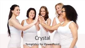  Presentation with women body - Beautiful theme featuring gesture friendship beauty body positive and people concept - group of happy different women in white underwear making high five backdrop and a lemonade colored foreground