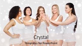  Presentation with women making - Cool new presentation with gesture friendship beauty body positive and people concept - group of happy different women in white underwear making high five over snow backdrop and a lemonade colored foreground