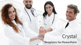  Presentation with gratitude - Colorful PPT layouts enhanced with gesture gratitude - friendly team of doctors shows backdrop and a white colored foreground