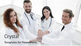  Presentation with gratitude - PPT theme having gesture gratitude - friendly team of doctors shows background and a sky blue colored foreground