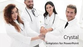  Presentation with gratitude - Colorful PPT layouts enhanced with gesture gratitude - friendly team of doctors shows backdrop and a light gray colored foreground