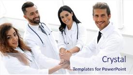  Presentation with gratitude - PPT layouts featuring gesture gratitude - friendly team of doctors shows background and a sky blue colored foreground