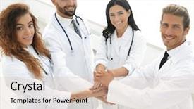 Presentation with friendly - Colorful slides enhanced with gesture gratitude - friendly team of doctors shows backdrop and a soft green colored foreground