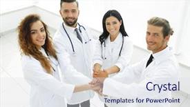  Presentation with friendly - PPT layouts having gesture gratitude - friendly team of doctors shows background and a sky blue colored foreground