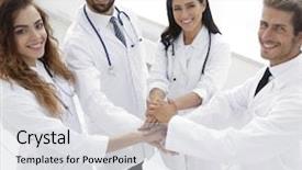  Presentation with gratitude - Colorful presentation theme enhanced with gesture gratitude - friendly team of doctors shows backdrop and a light gray colored foreground