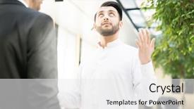  Presentation with gratitude - Colorful PPT theme enhanced with gesture gratitude - young businessman looking upwards backdrop and a  colored foreground