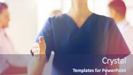  Presentation with nurse care - Cool new presentation design with gesture health care people and medicine concept - close up of happy female doctor or nurse reaching out for handshake hand over group of medics meeting at hospital backdrop and a ocean colored foreground