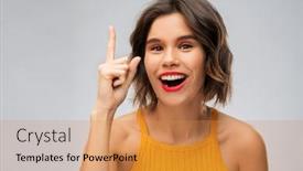  Presentation with mustard yellow - Beautiful PPT theme featuring gesture idea and people concept - happy smiling young woman in mustard yellow top pointing finger up over grey background backdrop and a gold colored foreground
