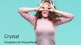  Presentation with curly hair - Audience pleasing slide set consisting of gesture like binoculars sticking tongue backdrop and a arctic colored foreground