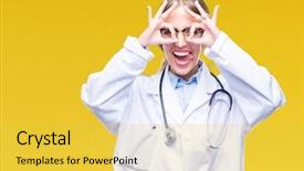  Presentation with eye for medical interpretation - Beautiful slide deck featuring gesture like binoculars sticking tongue backdrop and a  colored foreground