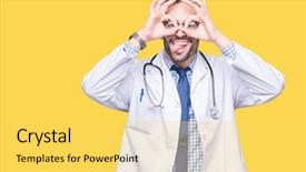  Presentation with doctor - Presentation design having gesture like binoculars sticking tongue background and a  colored foreground