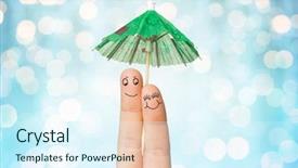  Presentation with blue lights - Colorful presentation theme enhanced with gesture love holidays summer vacation and body parts concept - close up of two fingers with cocktail umbrella decoration over blue holidays lights background backdrop and a sky blue colored foreground