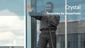  Presentation with building security - Amazing PPT theme having gesture near big modern building backdrop and a seafoam green colored foreground