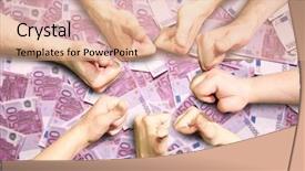  Presentation with colorful finger painted hands - Amazing PPT theme having gesture ok on 500 euro backdrop and a coral colored foreground