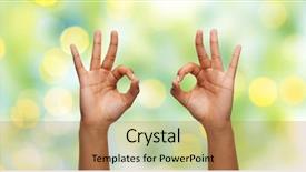  Presentation with african people - Slide set enhanced with gesture people and body parts concept - african woman two hands showing ok sign over blue sky and clouds background background and a coral colored foreground