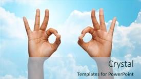  Presentation with parts - PPT theme with gesture people and body parts concept - african woman two hands showing ok sign over blue sky and clouds background background and a sky blue colored foreground