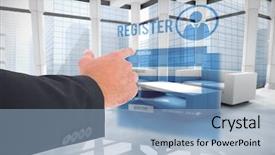  Presentation with recognition - Amazing slide deck having gesture recognition technology - businessman pointing with his finger backdrop and a light blue colored foreground