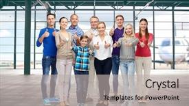  Presentation with family tourism - PPT layouts enhanced with gesture travel tourism and people concept - big happy family showing thumbs up over airport terminal background background and a light gray colored foreground