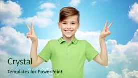  Presentation with green fashion - Cool new presentation design with gesture triumph childhood fashion and people concept - happy smiling boy in green polo t-shirt showing peace or victory hand sign over blue sky and clouds background backdrop and a mint green colored foreground