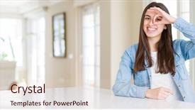  Presentation with beautiful young woman getting face - Amazing PPT layouts having gesture with hand smiling eye backdrop and a  colored foreground