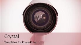  Presentation with cctv camera - Presentation design consisting of gesturing and looking at camera background and a coral colored foreground