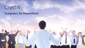  Presentation with blue orange - Theme consisting of gesturing businessman against beautiful orange and blue sky background and a light blue colored foreground