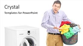 Presentation with clothes washing machine - Slide deck featuring gesturing near a washing background and a white colored foreground