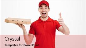  Presentation with pizza delivery - Audience pleasing PPT layouts consisting of gesturing thumb up with perfect backdrop and a red colored foreground