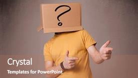  Presentation with 3d man sitting question mark - Colorful PPT layouts enhanced with gesturing with a cardboard box backdrop and a coral colored foreground