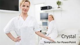  Presentation with ultrasound machine - Amazing presentation design having gesturing with colleague using ultrasound backdrop and a light gray colored foreground