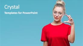  Presentation with blonde holds a magnifying glass - Cool new slides with gesturing with hand doing size backdrop and a teal colored foreground