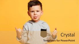  Presentation with child boy hold basket - Beautiful slide set featuring gesturing with hands showing tongue backdrop and a yellow colored foreground