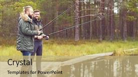  Presentation with fish river - Presentation design featuring getaway - fisherman with a spinning rod background and a coral colored foreground
