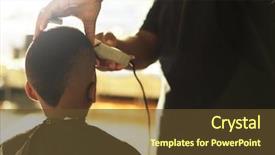  Presentation with barber - PPT theme with getting hair cut by barber background and a tawny brown colored foreground