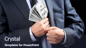  Presentation with corruption - Theme featuring getting hands dirty - businessman putting banknotes in pocket background and a wine colored foreground