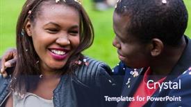  Presentation with confetti - Audience pleasing PPT theme consisting of black couple woman and man smiling at each other sitting on lawn confetti on them from a street party backdrop and a ocean colored foreground