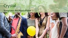  Presentation with multi ethnic group - Cool new slide deck with a multi-ethnic party backdrop and a mint green colored foreground