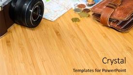  Presentation with space travel - PPT theme with getting ready for travel money map and photo camera on wooden table with copy space background and a yellow colored foreground