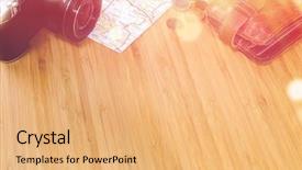  Presentation with space travel - Slides having getting ready for travel money map and photo camera on wooden table with copy space background and a coral colored foreground